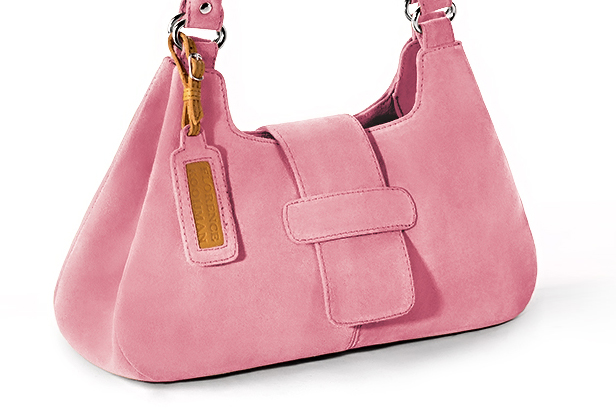 Carnation pink women's dress handbag, matching pumps and belts. Front view - Florence KOOIJMAN